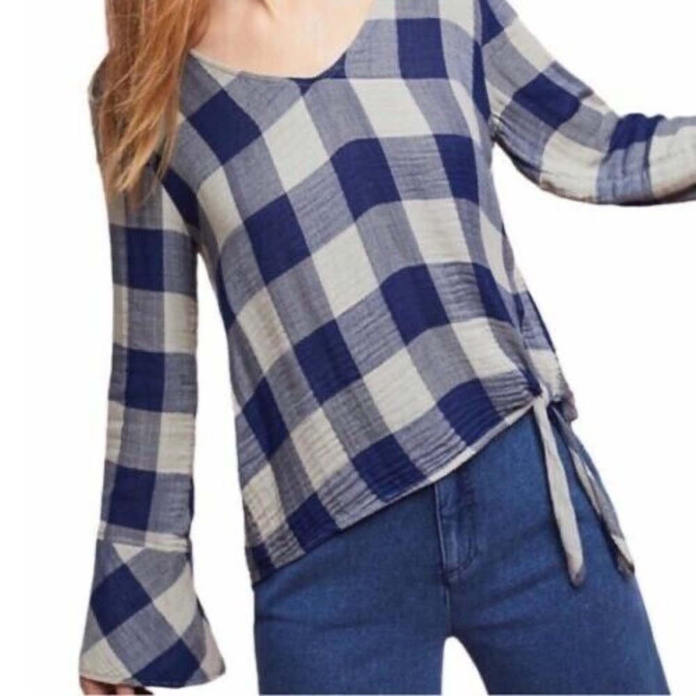 Anthropologie Cloth and Stone Plaid Front Tie Top Blouse Bell Sleeve Size XS‎